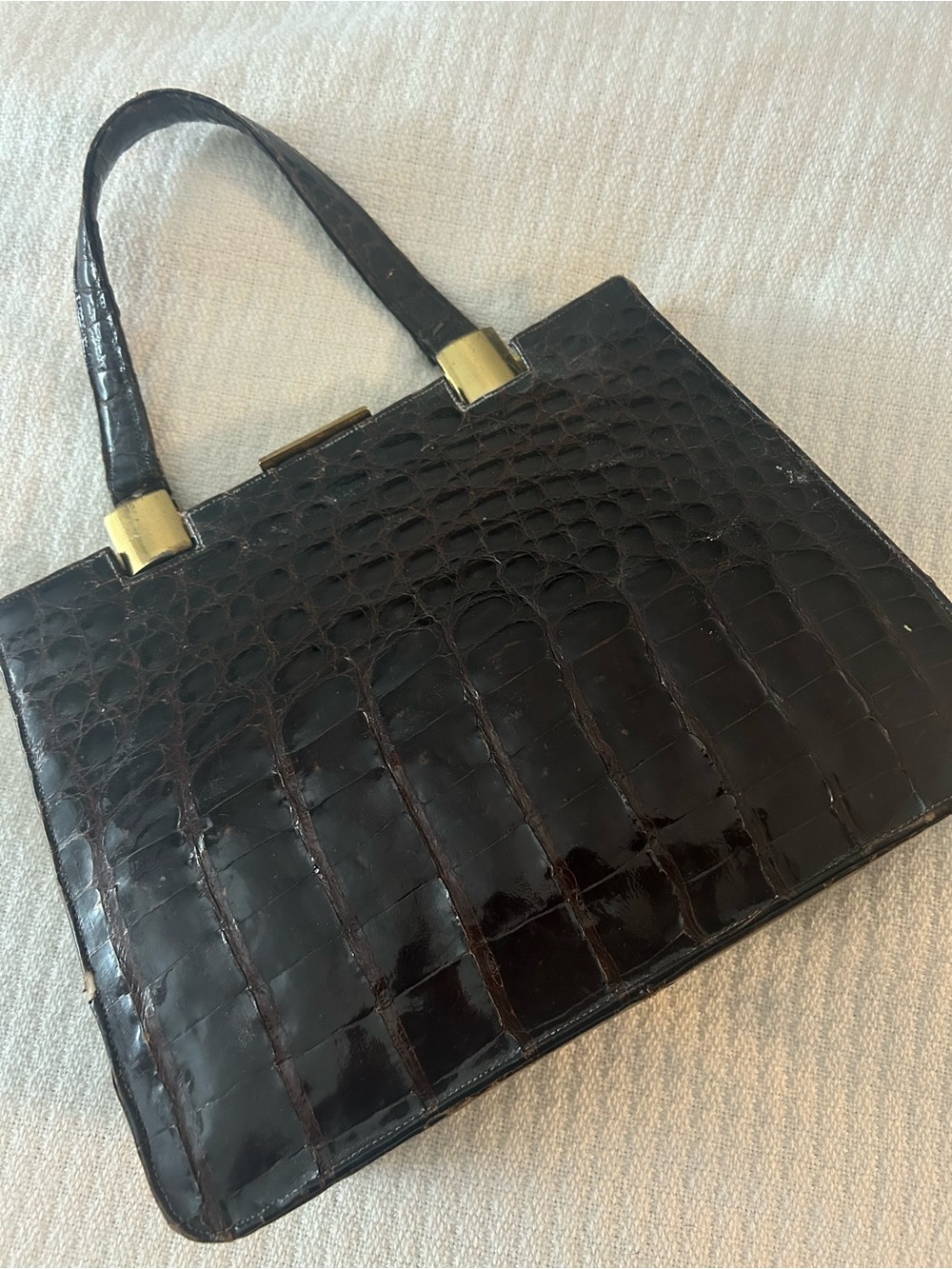 Vintage Patent Croc-Embossed Top-Handle Bag in Dark Brown